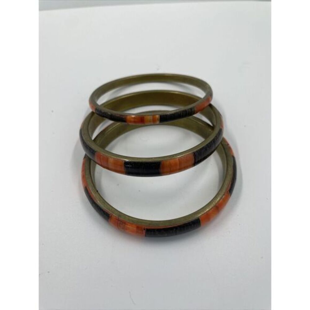 Set Of 3 Brass Enamel Inlay Bangle, Red Orange Brown Colorful Retro bracelet